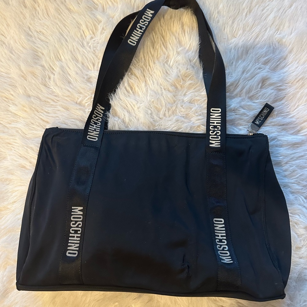 Moschino Black fabric Tote with Logo Straps 90’s style east west bag